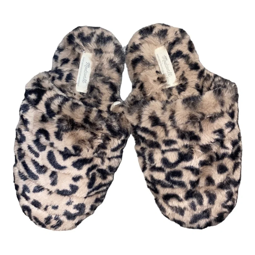 MADEWELL Leopard Cheetah Animal Print Quilted Plush Faux Fur Slippers Size 5 - Picture 2 of 13